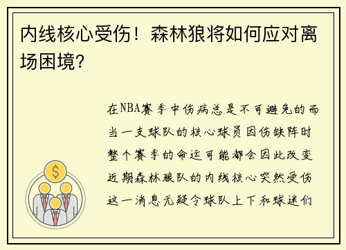 内线核心受伤！森林狼将如何应对离场困境？